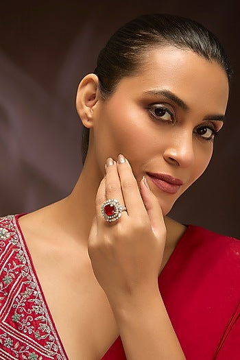 Gold Finish Moissanite Polki & Ruby Stone Ring In Sterling Silver