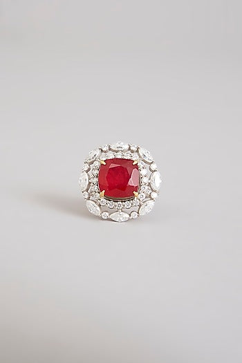 Gold Finish Moissanite Polki & Ruby Stone Ring In Sterling Silver
