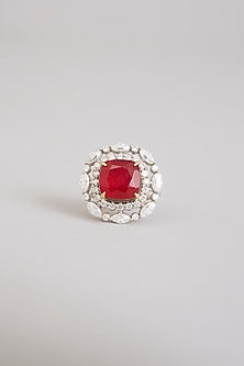 Gold Finish Moissanite Polki & Ruby Stone Ring In Sterling Silver