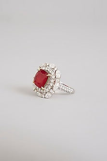 Gold Finish Moissanite Polki & Ruby Stone Ring In Sterling Silver