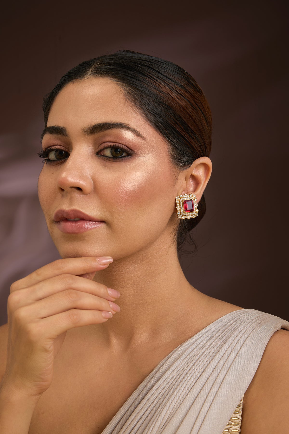 Gold Finish Kundan Polki & Ruby Stone Stud Earrings In Sterling Silver
