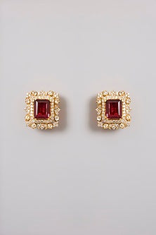 Gold Finish Kundan Polki & Ruby Stone Stud Earrings In Sterling Silver