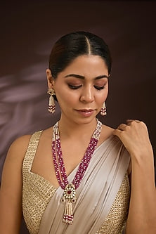 Gold Finish Kundan Polki & Ruby Beaded Layered Necklace Set In Sterling Silver