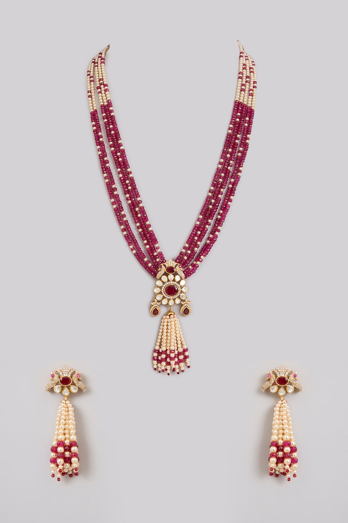 Gold Finish Kundan Polki & Ruby Beaded Layered Necklace Set In Sterling Silver