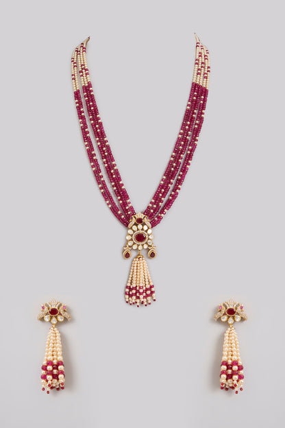 Gold Finish Kundan Polki & Ruby Beaded Layered Necklace Set In Sterling Silver