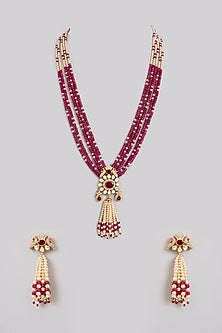 Gold Finish Kundan Polki & Ruby Beaded Layered Necklace Set In Sterling Silver