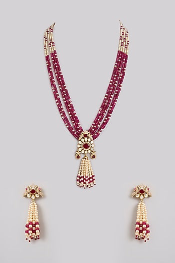 Gold Finish Kundan Polki & Ruby Beaded Layered Necklace Set In Sterling Silver
