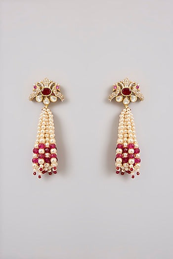 Gold Finish Kundan Polki & Ruby Beaded Layered Necklace Set In Sterling Silver