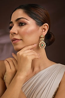 Gold Finish Kundan Polki & Emerald Stone Meenakari Enameled Chandbali Earrings In Sterling Silver