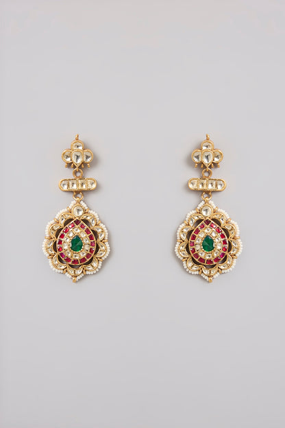 Gold Finish Kundan Polki & Emerald Stone Meenakari Enameled Chandbali Earrings In Sterling Silver