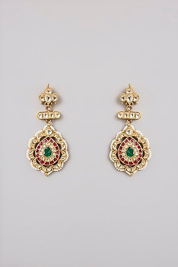 Gold Finish Kundan Polki & Emerald Stone Meenakari Enameled Chandbali Earrings In Sterling Silver