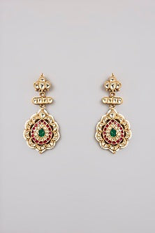 Gold Finish Kundan Polki & Emerald Stone Meenakari Enameled Chandbali Earrings In Sterling Silver
