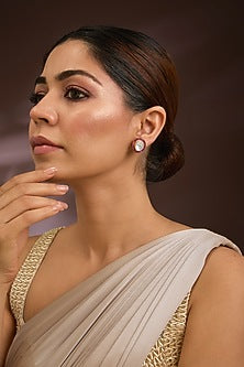 Gold Finish Kundan Polki & Ruby Gemstone Stud Earrings In Sterling Silver