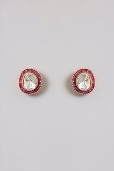 Gold Finish Kundan Polki & Ruby Gemstone Stud Earrings In Sterling Silver