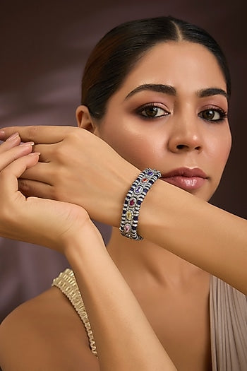 Gold Finish Moissanite Polki & Navratna Gemstone Bracelet In Sterling Silver