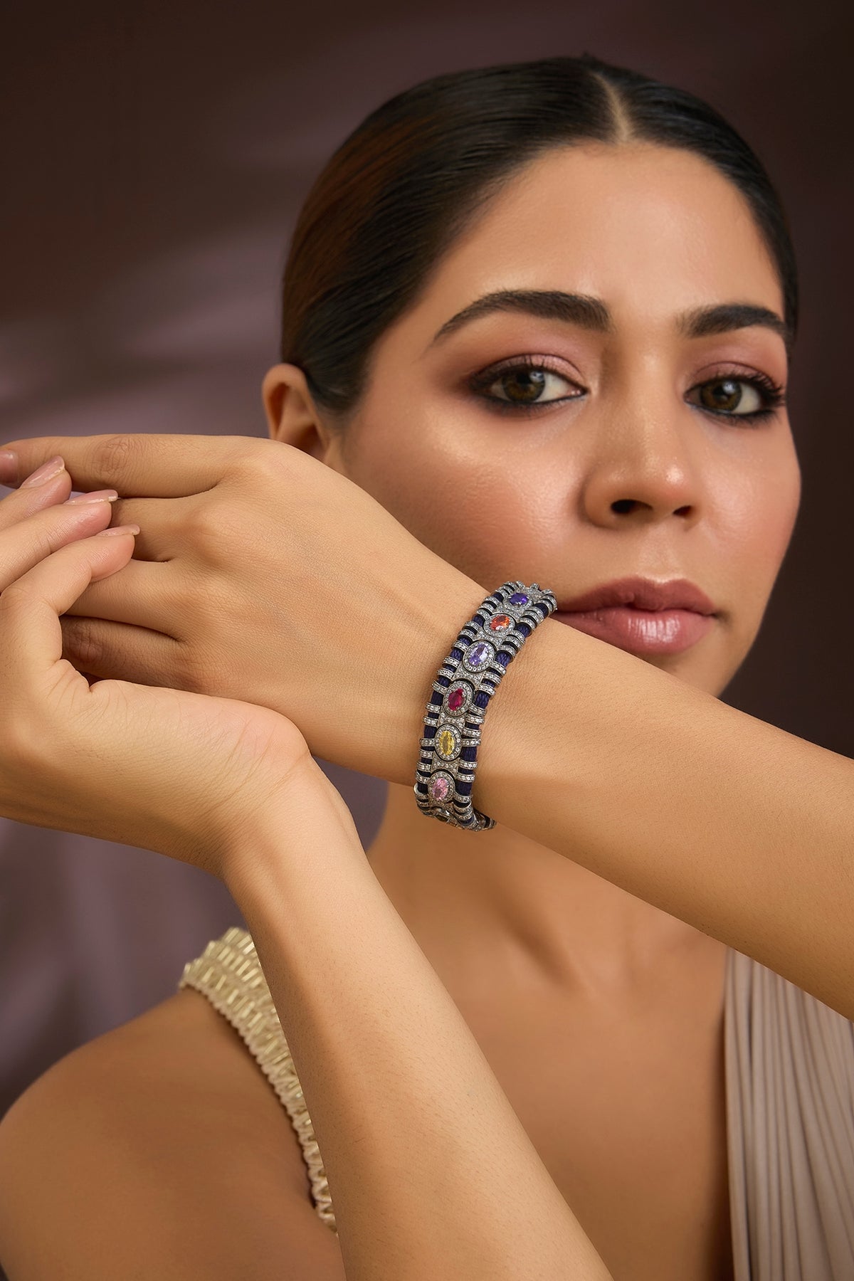 Gold Finish Moissanite Polki & Navratna Gemstone Bracelet In Sterling Silver