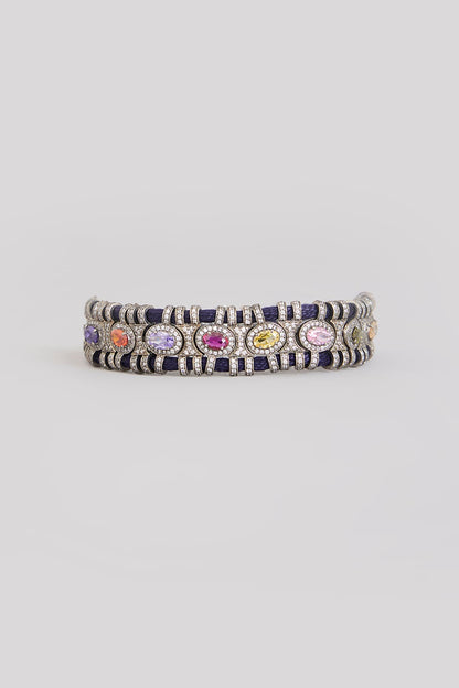 Gold Finish Moissanite Polki & Navratna Gemstone Bracelet In Sterling Silver