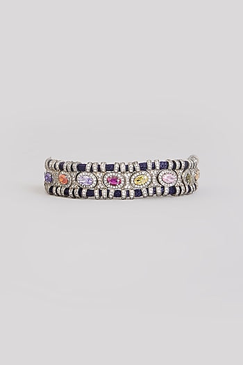 Gold Finish Moissanite Polki & Navratna Gemstone Bracelet In Sterling Silver