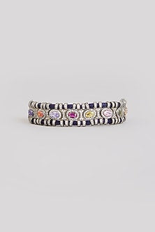 Gold Finish Moissanite Polki & Navratna Gemstone Bracelet In Sterling Silver