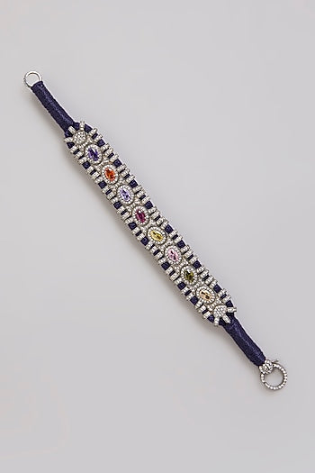 Gold Finish Moissanite Polki & Navratna Gemstone Bracelet In Sterling Silver