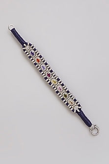 Gold Finish Moissanite Polki & Navratna Gemstone Bracelet In Sterling Silver