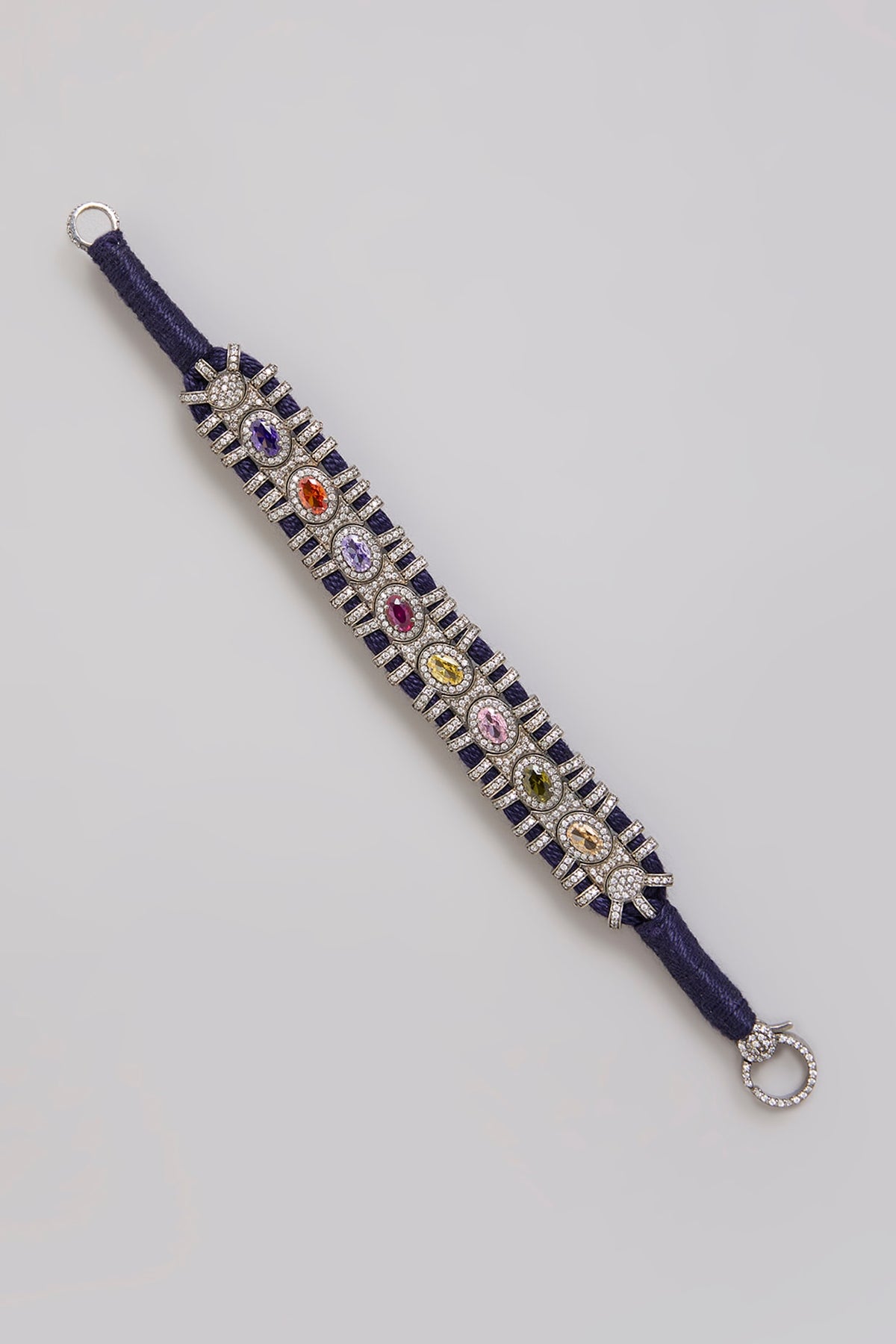 Gold Finish Moissanite Polki & Navratna Gemstone Bracelet In Sterling Silver