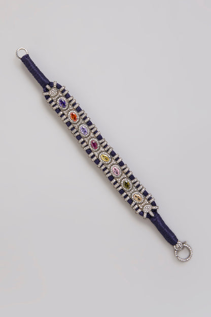 Gold Finish Moissanite Polki & Navratna Gemstone Bracelet In Sterling Silver