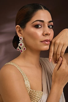 Gold Finish Kundan Polki & Ruby Gemstone Chandelier Earrings In Sterling Silver