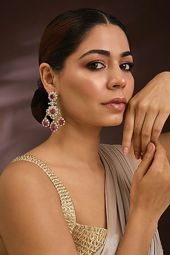 Gold Finish Kundan Polki & Ruby Gemstone Chandelier Earrings In Sterling Silver