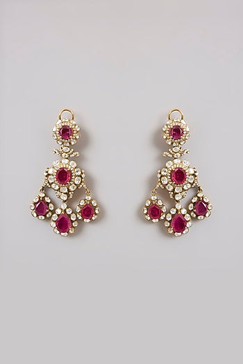 Gold Finish Kundan Polki & Ruby Gemstone Chandelier Earrings In Sterling Silver