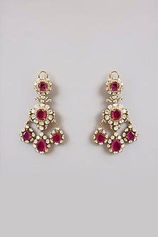 Gold Finish Kundan Polki & Ruby Gemstone Chandelier Earrings In Sterling Silver