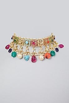 Gold Plated Navratan Stone Choker Necklace