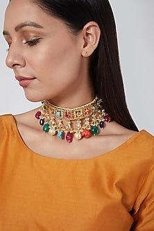 Gold Plated Navratan Stone Choker Necklace