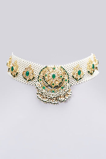Gold Plated Pearl & Green Onyx Choker Necklace
