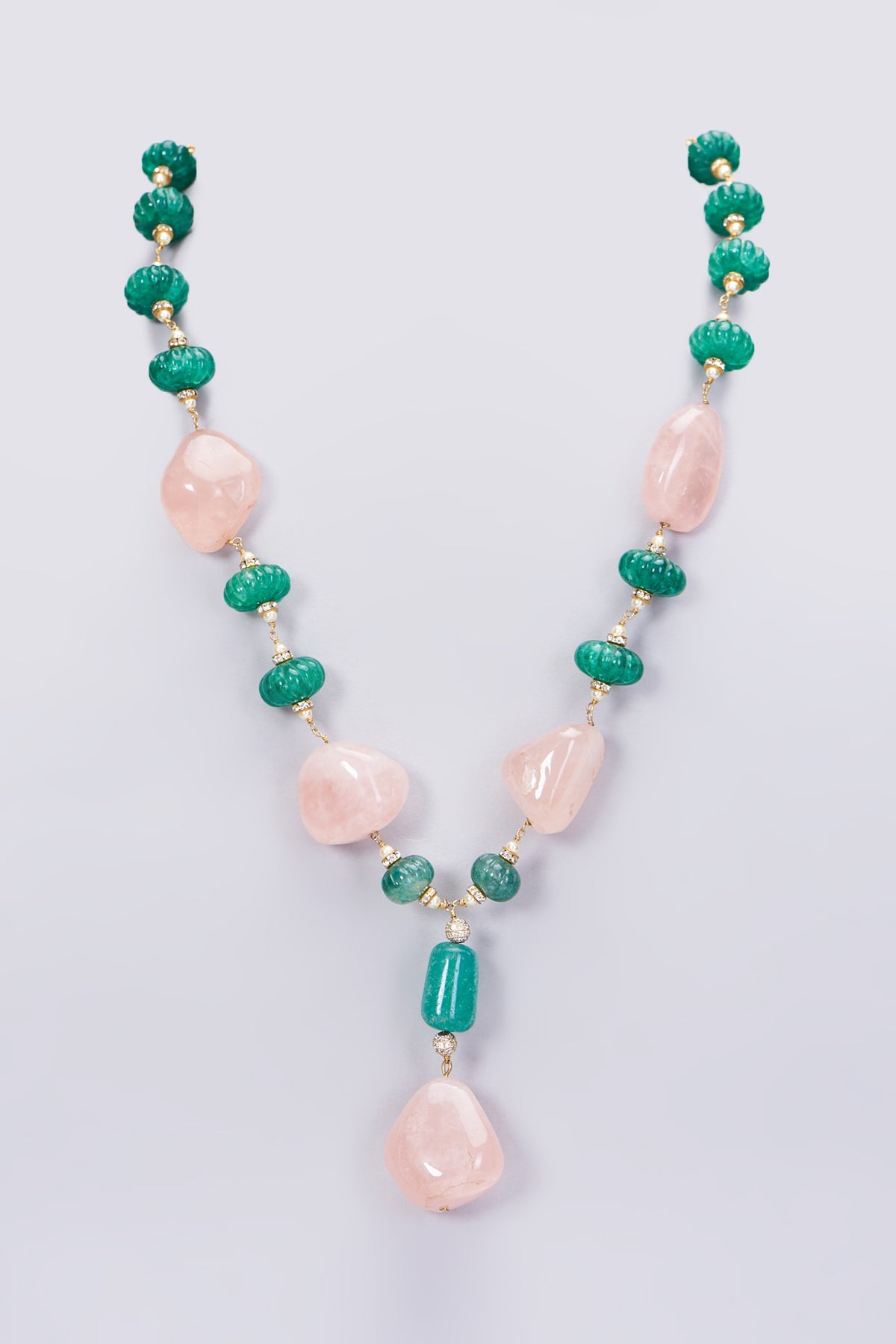 Gold Plated Rose Pink Quartz Long Necklace