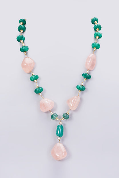 Gold Plated Rose Pink Quartz Long Necklace