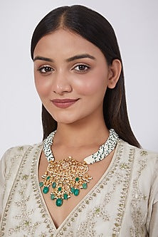 Gold Plated Kundan Polki & Beaded Necklace