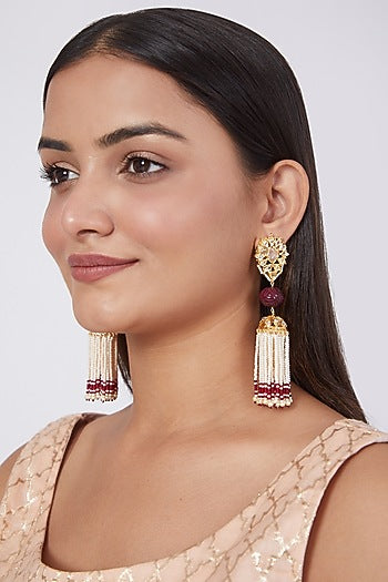 Gold Plated Red Onyx & Pearl Jhumka Earrings