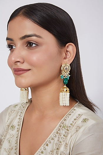 Gold Plated Pearl & Kundan Polki Jhumka Earrings