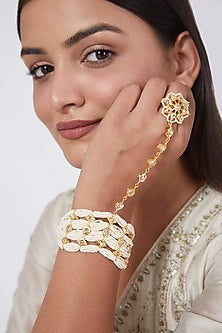 Gold Plated Pearl & Kundan Polki Hathphool