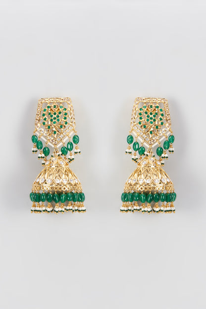 Gold Plated Kundan Polki & Onyx Jhumka Earrings