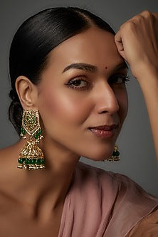 Gold Plated Kundan Polki & Onyx Jhumka Earrings