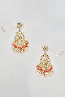 Gold Plated Kundan Polki & Coral Stone Chandbali Earrings