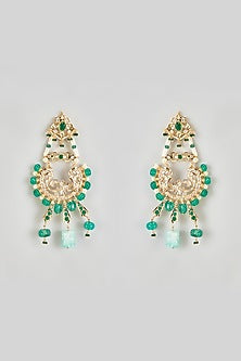 Gold Plated Kundan Polki & Green Onyx Chandbali Earrings