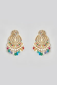 Gold Plated Kundan Polki & Navratna Stone Chandbali Earrings
