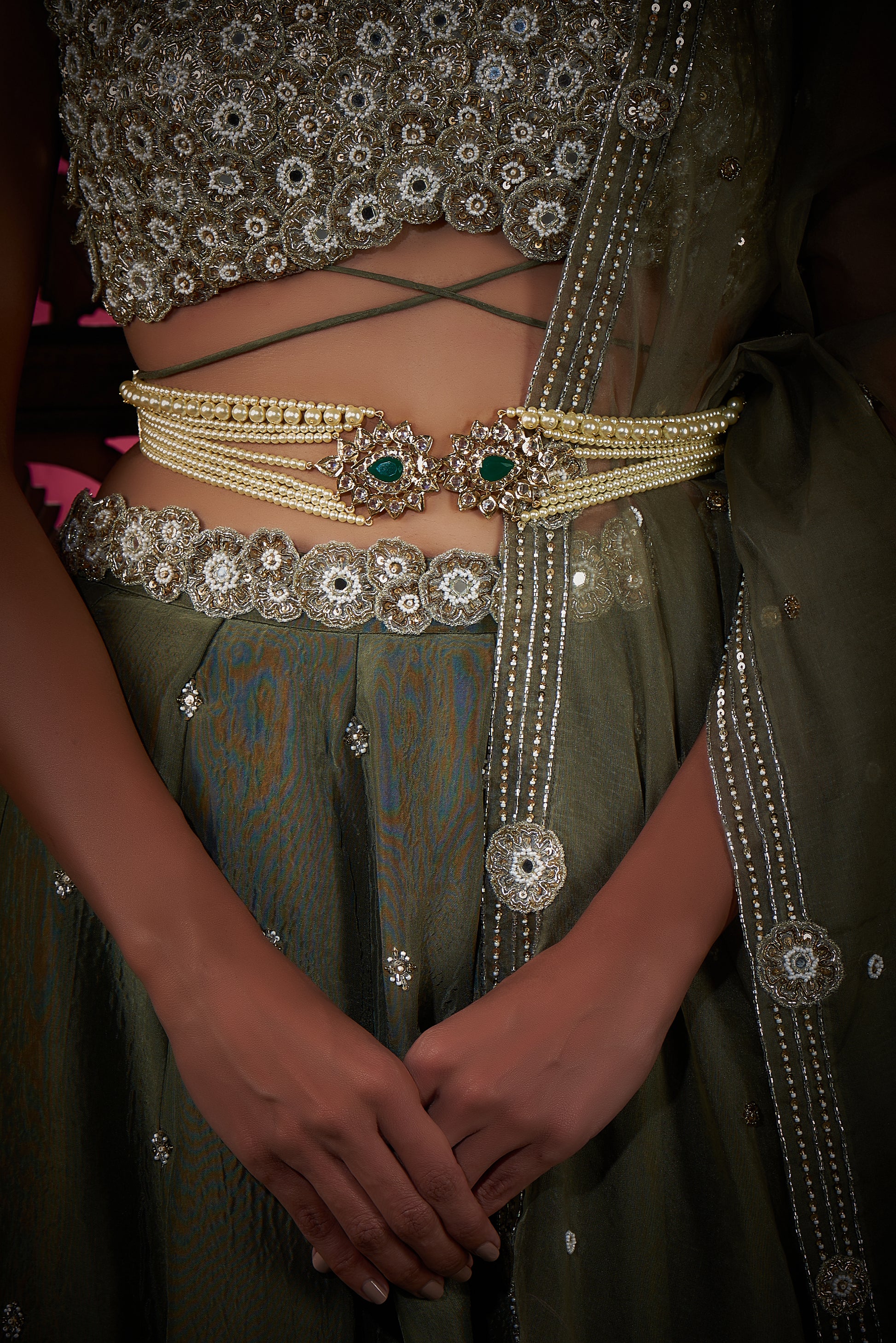 Gold Plated Kundan Polki & Green Onyx Waist Belt
