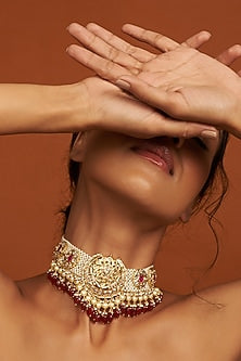 Gold Plated Kundan Polki & Red Onyx Choker Necklace