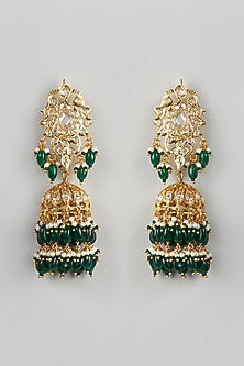 Gold Plated Green Onyx Beaded Jhumka Earrings