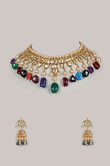 Gold Plated Navratna Stone Choker Necklace Set