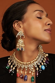 Gold Plated Navratna Stone Choker Necklace Set